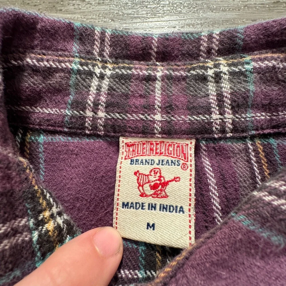 True Religion Western Shirt Mens M Purple Plaid Cotton Flannel Pearl Snap Cowboy